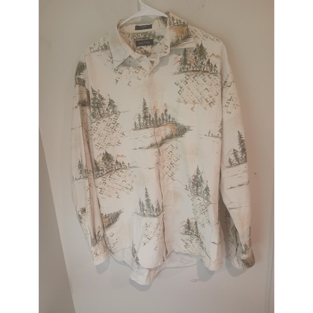 Vintage Nautica Men's Large Long Sleeve Button Up Shirt Nature Landscape...